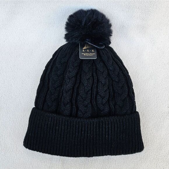 LLK Accessories - CPB Black Chunky Knit Cuffed Beanie with Faux Fur Pom Pom and Faux Fur Lining